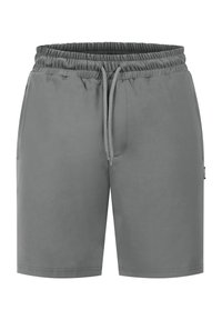 Grijze sportshorts met een elastische tailleband en trekkoord; gladde textuur; geen zichtbare patronen; zijkanten met veilige zakken.