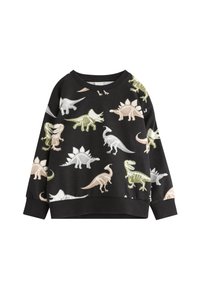 Svart sweatshirt med dinosaurtryck i olika färger: grön, beige, vit och rosa. Detaljer inkluderar en rundad hals och ribbade muddar.