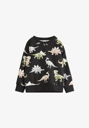 Czarna bluza z dinozaurami w różnych kolorach: zielonym, beżowym, białym i różowym. Szczegóły obejmują okrągły dekolt oraz ściągacze przy mankietach.