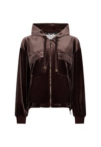 Sudadera de terciopelo marrón con cremallera frontal, dos bolsillos en el pecho, cordones ajustables y puños y dobladillo acanalados. Textura suave y corte relajado.