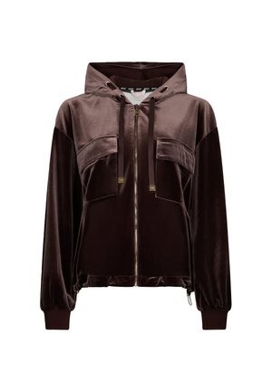 Hoodie en velours marron avec une fermeture éclair à l'avant, deux poches poitrine, cordons de réglage et poignets et ourlet côtelés. Texture lisse et coupe décontractée.