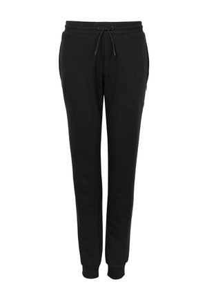 Black sweatpants with an elastic waistband, drawstring closure, and ribbed cuffs. Made of soft fabric, featuring a small logo detail.