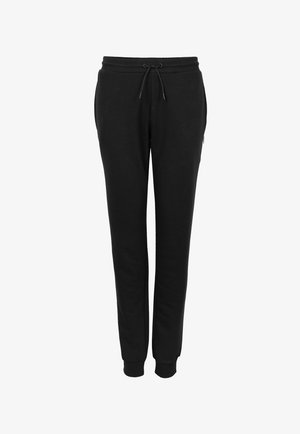 Black sweatpants with an elastic waistband, drawstring closure, and ribbed cuffs. Made of soft fabric, featuring a small logo detail.