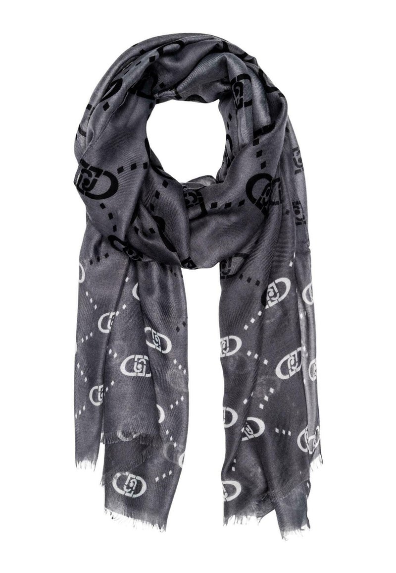 Bufanda gris oscuro con un patrón repetido de enlaces de cadena entrelazados en blanco y negro y líneas diagonales punteadas, con bordes con flecos.