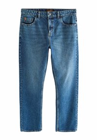 Jeans din denim albastru cu un design drept, cu cinci buzunare, decolorare subtilă și cusături în contrast. Are o etichetă din piele pe talie.