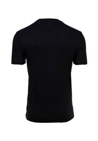 T-shirt nera a maniche corte, colletto girocollo, realizzata in un tessuto morbido con una texture liscia e un design semplice e uniforme. Nessuna grafica o motivo visibile.