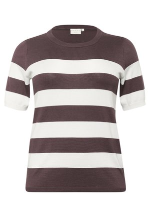 Knit striped sweater featuring wide dark brown and white horizontal stripes, short sleeves, and a round neckline. Soft texture and casual design.