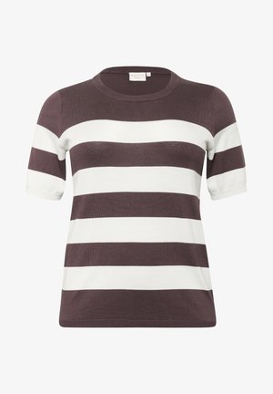 Knit striped sweater featuring wide dark brown and white horizontal stripes, short sleeves, and a round neckline. Soft texture and casual design.