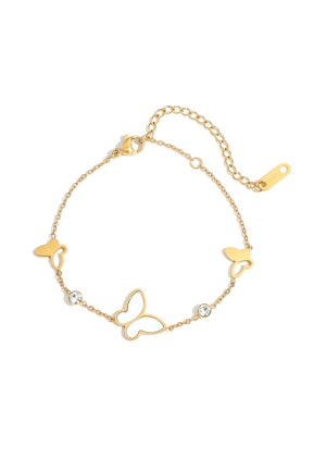 Zartes Goldkettchen-Armband mit drei Schmetterlingsanhängern und zwei kleinen runden klaren Steinen, mit verstellbarem Verschluss und Anhänger.