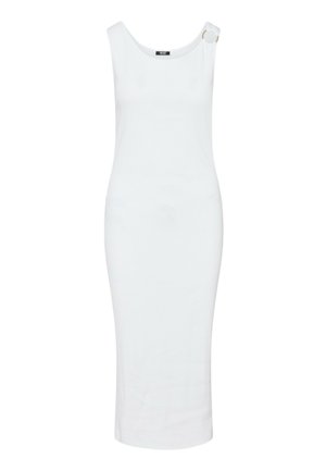 Biele midi šaty bez rukávov s priliehavým strihom a jedným ramienkom s okrúhlym detailom pracky.