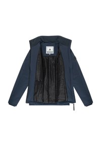 Tamsiai mėlynas švarkas su užtrauktuko priekyje, nuimama gobtuvu ir vidine kišene. Yra lygus išorinis audinys ir minkšta, tekstūruota pamušalas.