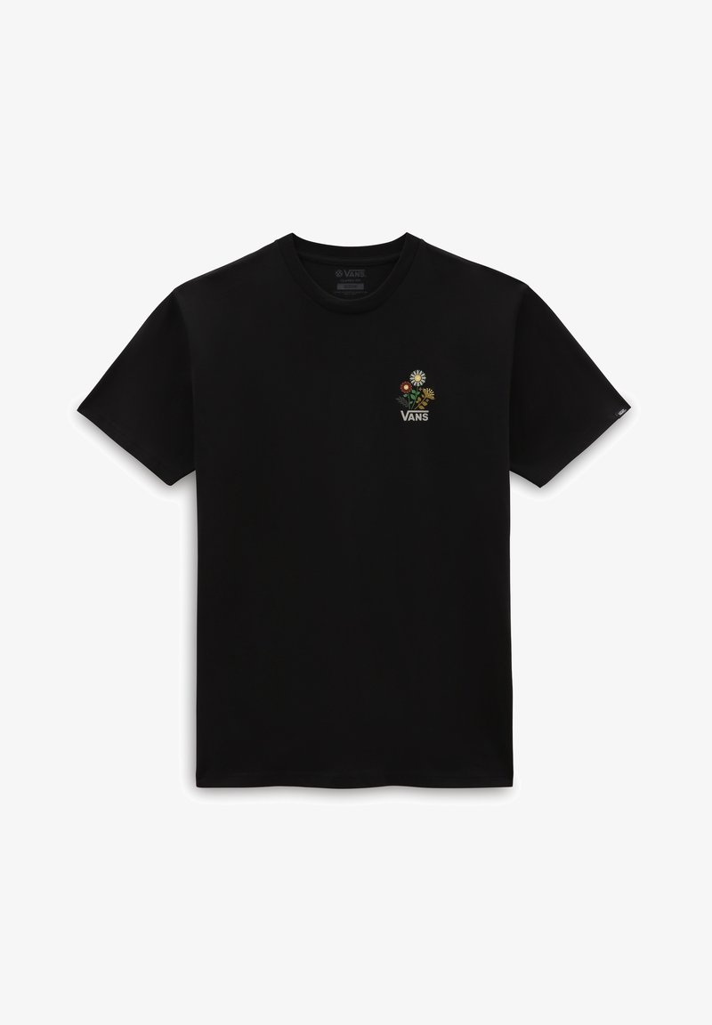 T-shirt en coton noir avec des manches courtes et un col rond. Motif floral brodé avec des fleurs multicolores au-dessus du logo "VANS".