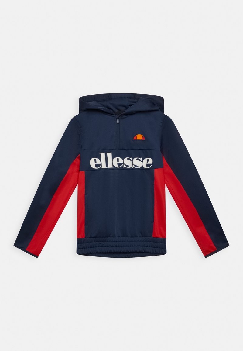 Navy blue and red hooded jacket with half-zip front, "ellesse" logo on the chest, and longer elasticated hem at the bottom.