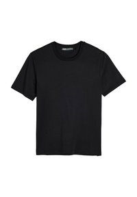 Zwarte katoenen t-shirt met een ronde halslijn en korte mouwen, met een gladde textuur en een standaard pasvorm. Geen patronen of extra accenten.