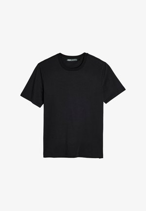 T-shirt in cotone nero con scollo rotondo e maniche corte, caratterizzato da una trama liscia e una vestibilità standard. Nessun motivo o accessorio aggiuntivo.