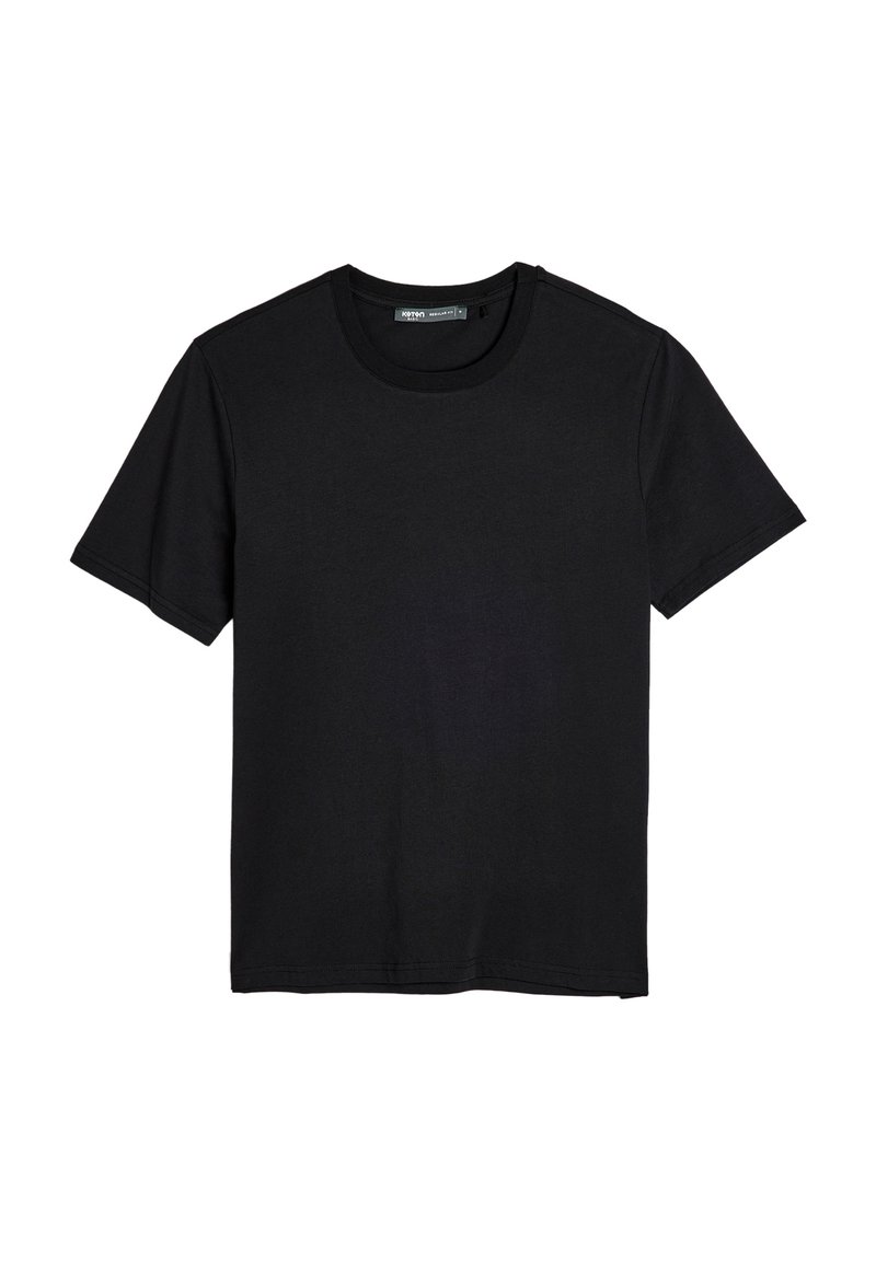 Zwarte katoenen t-shirt met een ronde halslijn en korte mouwen, met een gladde textuur en een standaard pasvorm. Geen patronen of extra accenten.