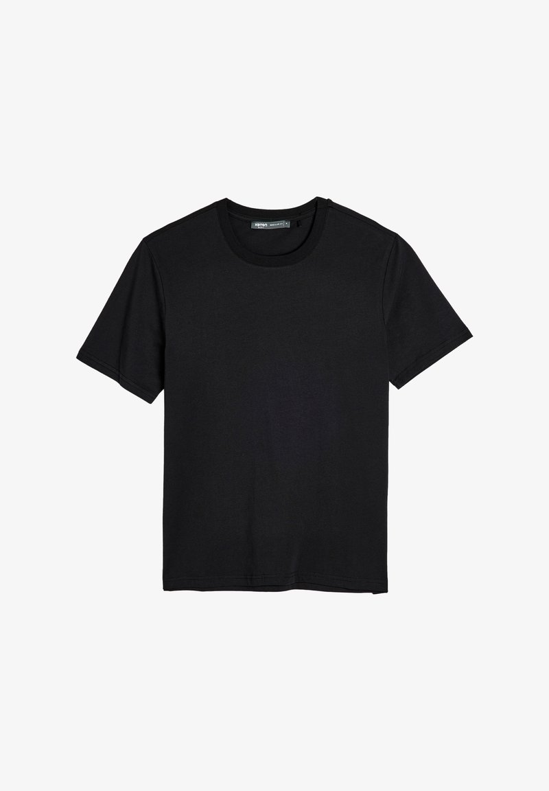 Sort bomulds t-shirt med rund hals og korte ærmer, der har en glat tekstur og almindelig pasform. Ingen mønstre eller yderligere accenter.