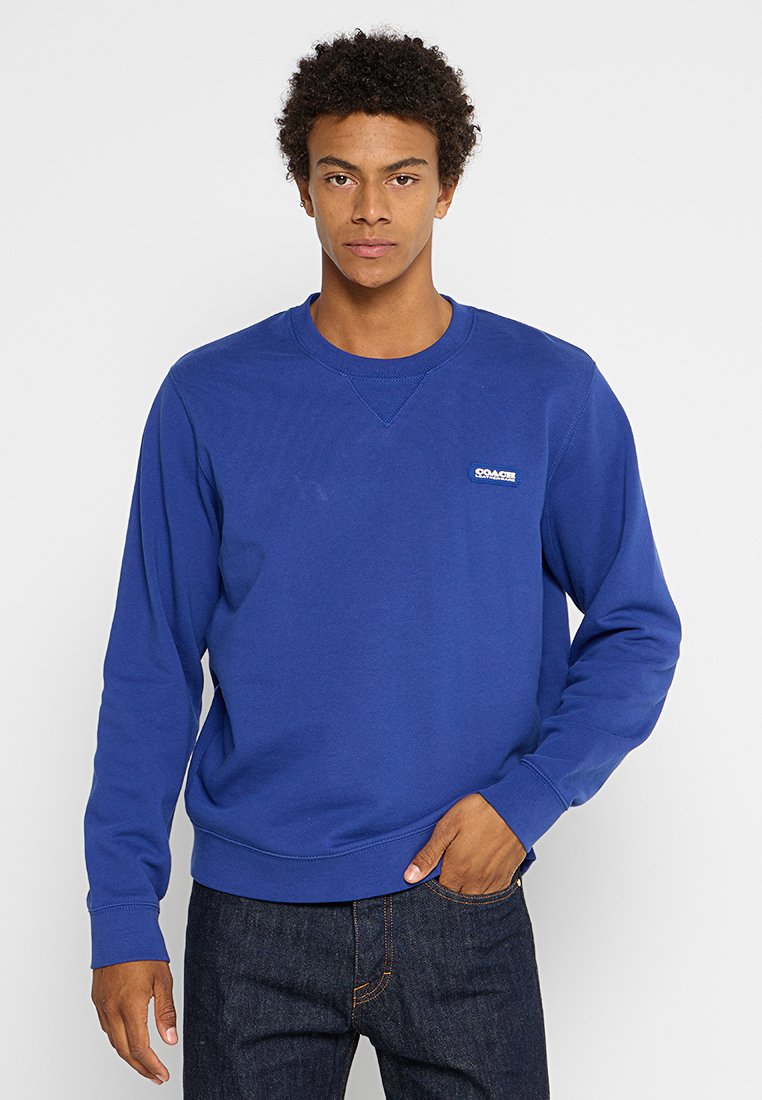 Jeune homme avec des cheveux bouclés portant un sweatshirt bleu de la marque Coach et un jean sombre, se tenant avec une main dans sa poche sur un fond blanc.