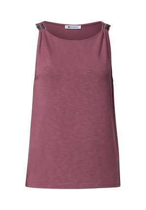 Top sans manches mauve avec col bateau et détails en anneau métallique sur les deux épaules, texture unie, étiquette de marque à l'intérieur du col.