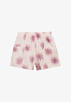Lys pink shorts lavet af blød stof, med et gentaget mørk pink spiral mønster, elastisk talje og sidelomme.