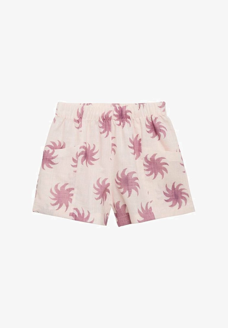 Light pink shorts made of soft fabric, featuring a repeated dark pink spiral pattern, with an elastic waistband and side pocket.