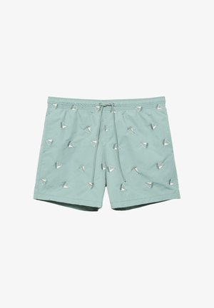 Pantaloni scurți de înot verde deschis, cu talie elastică și șnur, decorați cu un model repetitiv de bărcuțe de hârtie albe și gri.
