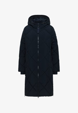 Cappotto trapuntato lungo di colore nero, con motivo a rombi, chiusura con zip completa, cappuccio regolabile con cordino e due tasche laterali. Realizzato in tessuto resistente all'acqua.