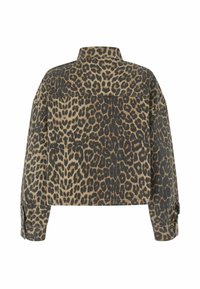 Džínová bunda s leopardím potiskem, strukturovaným límcem, dlouhými rukávy a volným střihem. Výrazné tmavě a světle hnědé skvrny na béžovém pozadí.