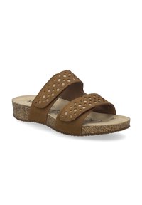 Brown suede slide sandals with two perforated straps, cushioned footbed, and textured cork sole. Open-toe design for ventilation.