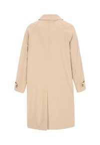 Beiger Trenchcoat mit gerader Linienführung, langen Ärmeln und einem Rückenschlitz. Verfügt über einen Kragen und große Knöpfe an den Manschetten.