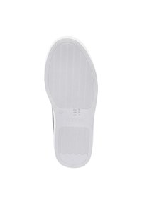White rubber shoe sole with a textured wavy pattern. Includes size indicator, a logo, and a section for traction details.