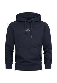 Sweat à capuche en coton bleu marine avec une poche kangourou à l'avant, un cordon de serrage sur la capuche, et un logo imprimé blanc. Il possède des poignets et un ourlet côtelés.