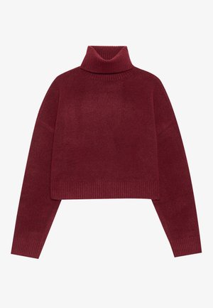 Bordový rolák s cropped dizajnom, vyrobený z mäkkej tkaniny, s rebrovanými detailmi na golieri a leme.