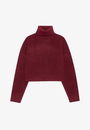 Bordový rolák s cropped dizajnom, vyrobený z mäkkej tkaniny, s rebrovanými detailmi na golieri a leme.