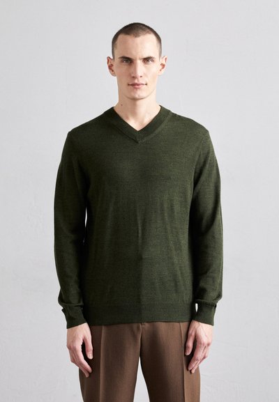 Pull vert foncé à col en V avec manches longues, fabriqué à partir d'un matériau doux. Présente un col et des poignets côtelés, texture lisse.