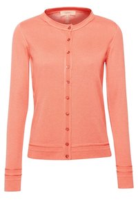 Korálový kardigan s dlouhými rukávy a kulatým výstřihem, s plně zapínáním na knoflíky a žebrovanými manžetami. Hladká textura a pletený design.