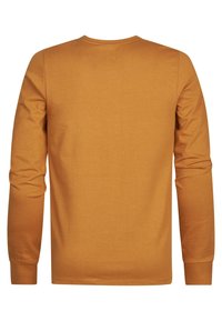 Långärmad t-shirt i senapsgul färg, tillverkad av mjuk bomull. Har rund hals, figursydda ärmar och en slät textur. Inga synliga mönster eller tryck.