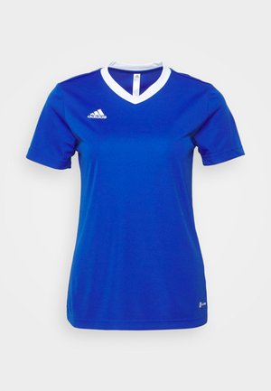 Camisola atlética azul com decote em V com acabamento branco, mangas curtas e um pequeno logotipo branco no canto superior esquerdo. Tecido liso e leve.