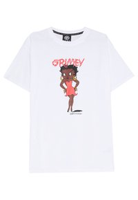 Camiseta de algodón blanca con un gráfico de un personaje de dibujos animados en un vestido rosa con grandes pendientes, y el texto "GRIMEY" encima de la imagen.