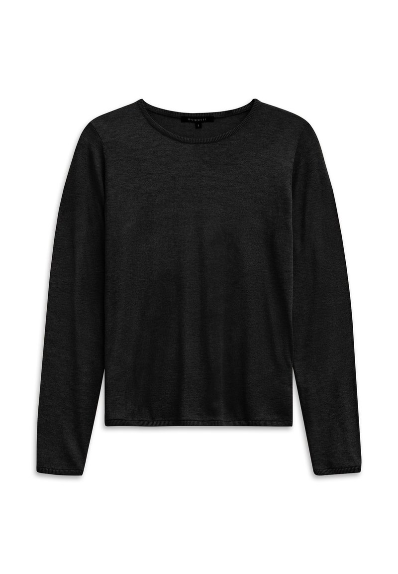 Schwarzer Pullover mit langen Ärmeln und Rundhalsausschnitt, feiner Strickstruktur, geradem Saum und einem kleinen Markenetikett im Halsbereich.