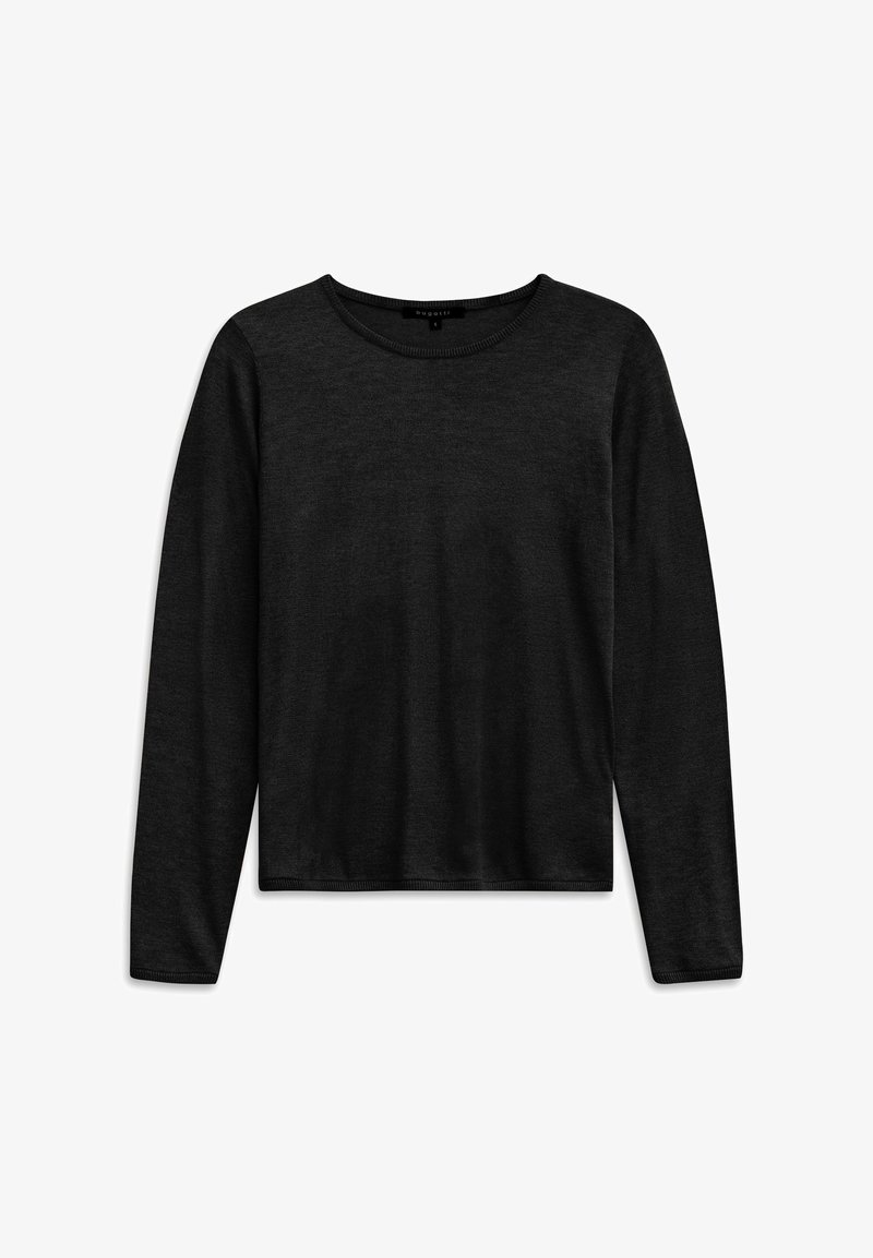 Schwarzer Pullover mit langen Ärmeln und Rundhalsausschnitt, feiner Strickstruktur, geradem Saum und einem kleinen Markenetikett im Halsbereich.