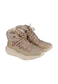 Stivali beige resistenti all'acqua con foderatura in pelliccia sintetica, design con lacci, caviglia imbottita e suola in gomma testurizzata per grip e supporto.
