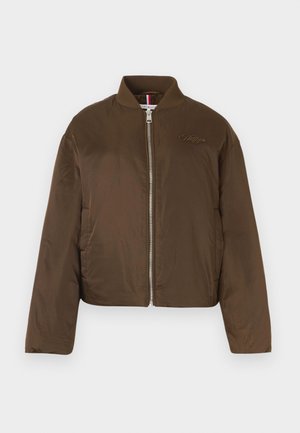 Braune kurze Jacke aus glattem Stoff, mit hohem Kragen, Reißverschluss und Logo-Stickerei auf der Brust.