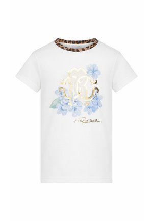 Wit T-shirt met korte mouwen met gouden monogram, blauw bloemenontwerp, handtekening eronder en luipaardprintbies rond de halslijn.