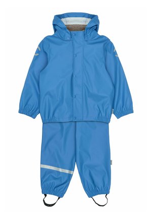 Blaues wasserdichtes Regenjacken- und Hosen-Set für Kinder mit elastischen Bündchen, Kapuze und reflektierendem Streifen am Hosenbein für bessere Sichtbarkeit.