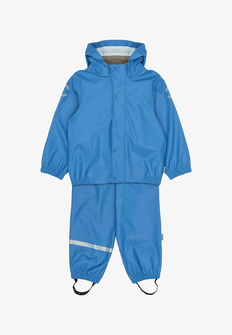 Ensemble veste imperméable bleue et pantalon pour enfants avec poignets élastiques, capuche et bande réfléchissante sur la jambe du pantalon pour une meilleure visibilité.