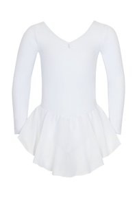 Un justaucorps de ballet blanc à manches longues avec une jupe évasée et trois petites perles décoratives au niveau de l'encolure avant.