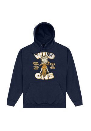 Marineblaues Hoodie mit einer vorderen Tasche, ausgestattet mit einer vintage Grafik eines Charakters und auffälligem Text "WILD ONE" in Gelb und Weiß.