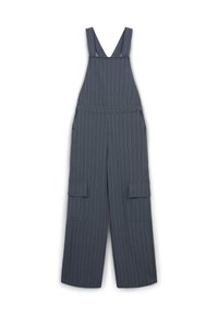 Dunkelgraue gestreifte Latzhose mit weitem Bein, verstellbaren Trägern und zwei großen Fronttaschen. Hergestellt aus einem glatten Stoff.