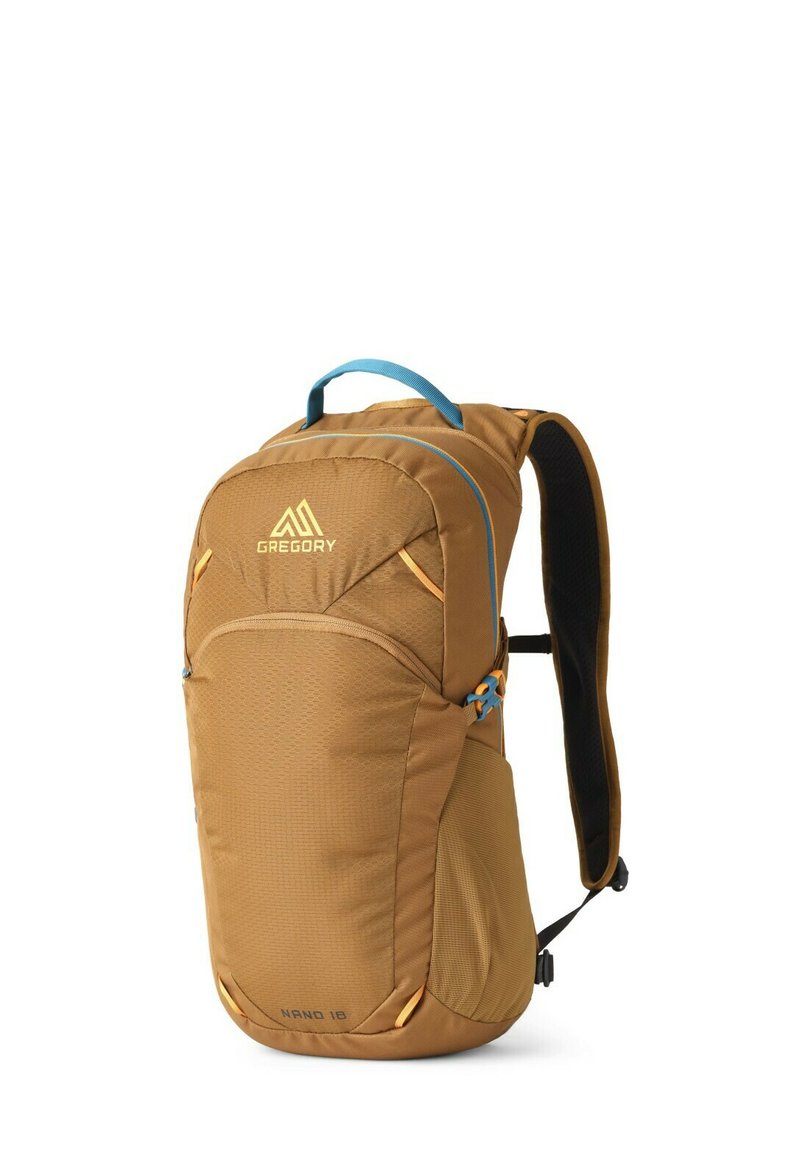 Brown backpack with blue accents and logo. Features textured fabric, padded back, adjustable straps, and zipper compartments for storage.